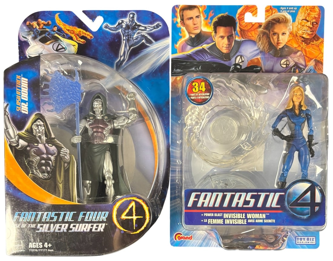 A Pair of Fantastic 4 Action Figures: Slash Attack Dr. Doom-hasbro, 2007-and Power Blast Invisible: This lot comprises two vintage Fantastic Four franchise action figures, sealed within their original blister packaging. The first is a -Slash Attack Dr. Doom- action figure by Hasbro, released in 2007