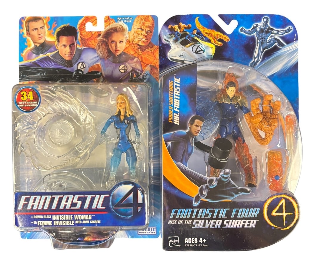 2 Fantastic 4 Action Figures: Power Blast Invisible Woman-toy Biz-and Power Switching Mr.: A pair of Fantastic Four action figures, still sealed in their original blister card packaging, comprising: 1. A -Power Blast Invisible Woman- figure by Toy Biz Worldwide. This figure is accompanied b