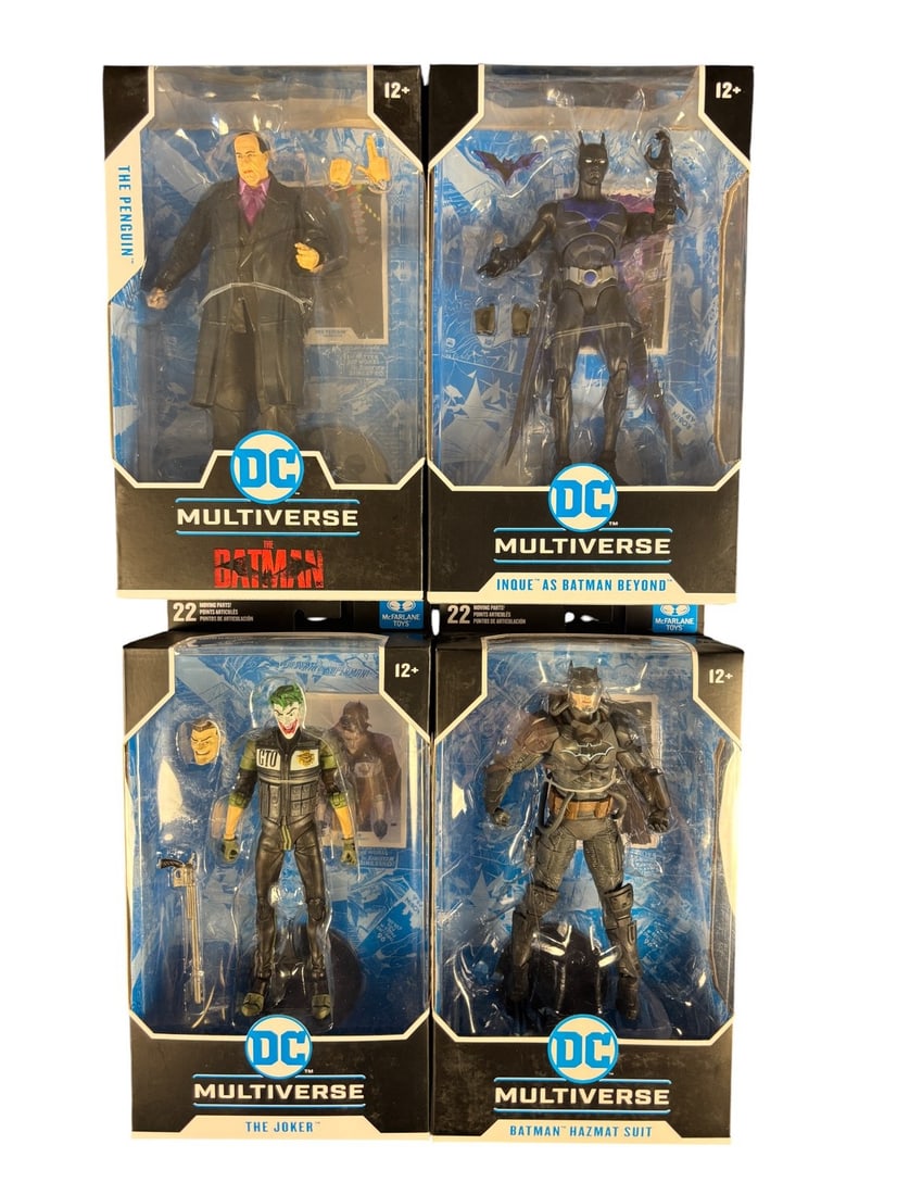 4 Mcfarlane Toys Dc Multiverse Action Figures: the Penguin, Inked as Batman Beyond, the Joker, and: A group of four contemporary plastic action figures from the DC Multiverse line by McFarlane Toys. Each figure is presented in its original, sealed cardboard and clear plastic window box. The collecti