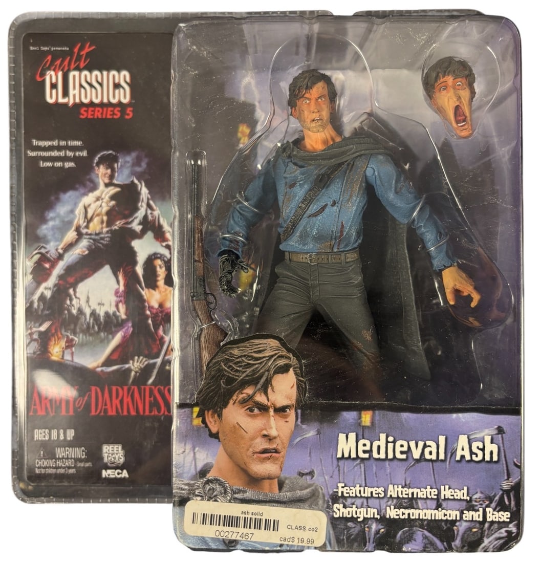 Neca Cult Classics Series 5 Army of Darkness Medieval Ash Action Figure: A NECA Cult Classics Series 5 -Medieval Ash- action figure from the movie *Army of Darkness*. The plastic figure, depicting the -Medieval Ash- character, is dressed in a blue shirt and dark cape. It i