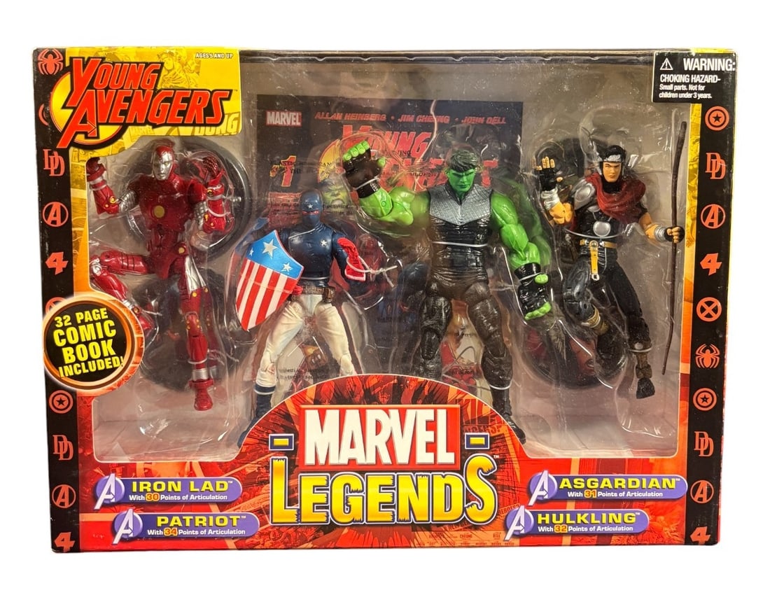 Marvel Legends Young Avengers 4 Action Figure Box Set 2006 Toybiz: A Marvel Legends Young Avengers 4 Action Figure Box Set, produced by ToyBiz in 2006. This set features four plastic action figures: Iron Lad, Patriot, Hulkling, and Asgardian, each noted with -30 Poin