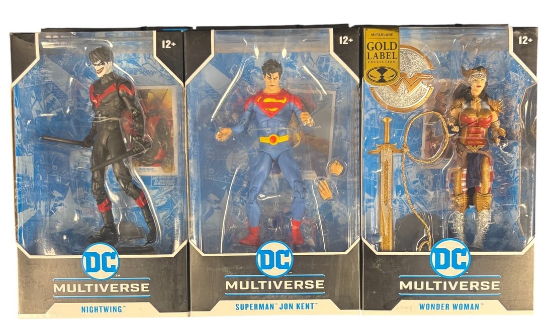3 Mcfarlane Dc Multiverse Action Figures: Superman Jon Kent-future State-, Nightwing, and Wonder: Three new, sealed McFarlane DC Multiverse action figures, presented in their original retail blister packaging. The lot includes Superman Jon Kent -DC Future State-, Nightwing, and Wonder Woman -McFar