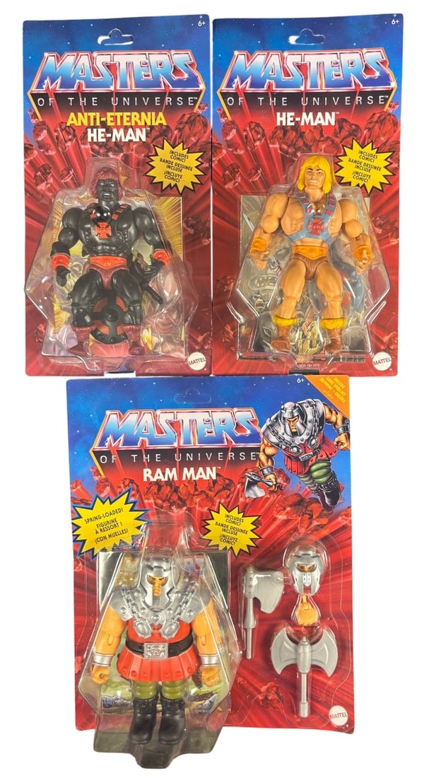 3 Mattel Masters of the Universe Origins Action Figures, Anti-eternia He-man, He-man, and Ram Man: A group of three Mattel Masters of the Universe Origins action figures, presented new in their original, unopened blister packaging on cardbacks. The set includes -Anti-Eternia He-Man,- -He-Man,- and