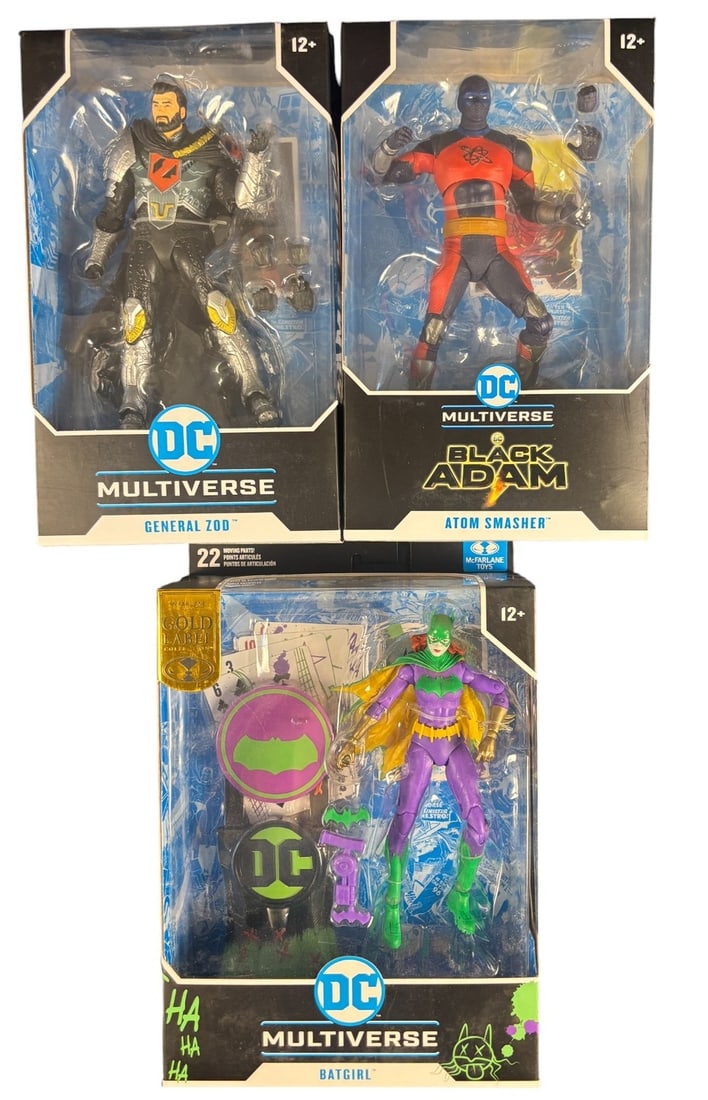 3 Mcfarlane Toys Dc Multiverse Action Figures, Jokerized Gold Label Batgirl, General Zod, and Atom: A group of three McFarlane Toys DC Multiverse action figures, each sealed in its original retail packaging. The lot comprises -General Zod,- -Atom Smasher- -from the -Black Adam- line-, and -Batgirl.-