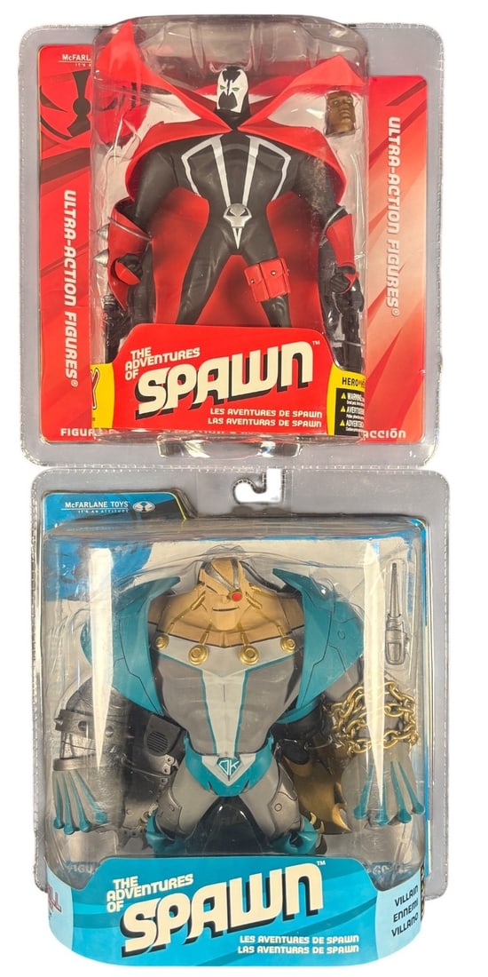 A Pair of Mcfarlane Toys-the Adventures of Spawn-Action Figures:-spawn X-and-overkill the: A pair of McFarlane Toys -The Adventures of Spawn- Ultra-Action Figures, dated 2006, comprising -Spawn X- and -Overkill The Destroyer-. The top figure, -Spawn X-, is presented in its original, sealed