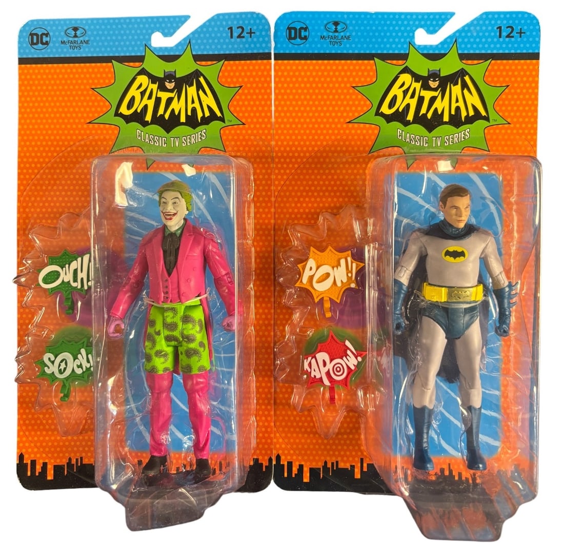 A Pair of Mcfarlane Toys Dc Retro: Batman Classic Tv Series Action Figures, Comprising Batman and: This lot features a pair of McFarlane Toys DC Retro: Batman Classic TV Series action figures. The first figure depicts Batman in his iconic grey and blue costume with a yellow utility belt. The second