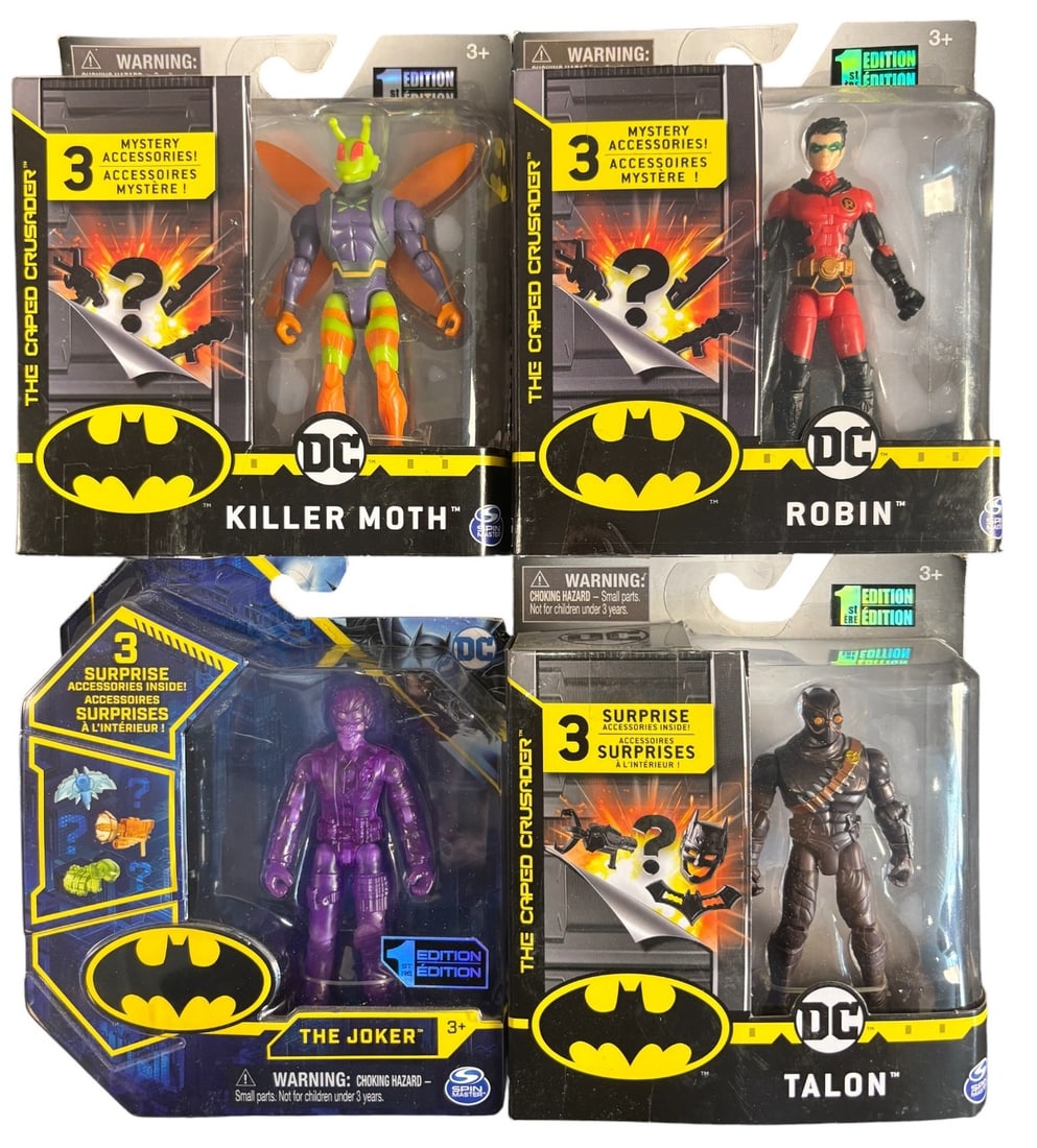 4 Spin Master Dc Comics the Caped Crusader 1st Edition 4-inch Action Figures, Killer Moth, Robin,: A group of four Spin Master DC Comics The Caped Crusader 1st Edition 4-inch plastic action figures. Each figure, including Killer Moth, Robin, a translucent purple variant of The Joker, and Talon, is