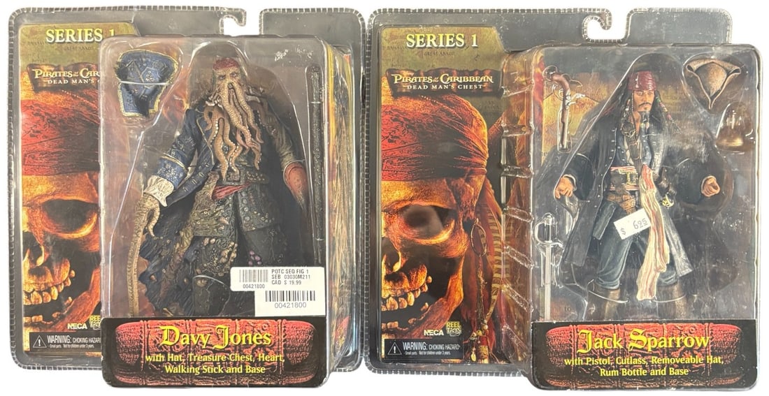 A Pair of Neca Pirates of the Caribbean: Dead Man-s Chest Series 1 Action Figures, Comprising Davy: A pair of NECA -Reel Toys- action figures from -Pirates of the Caribbean: Dead Man-s Chest,- Series 1. The first figure depicts Davy Jones, accompanied by a hat, treasure chest, heart, walking stick,