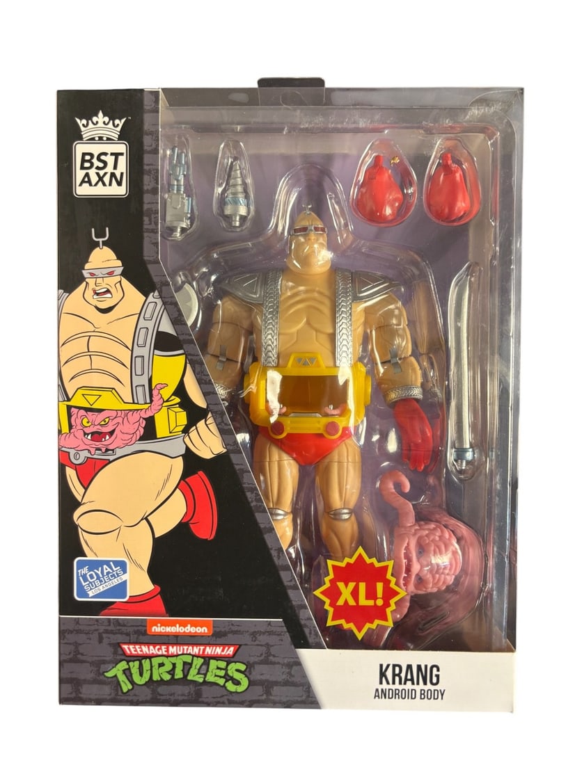 The Loyal Subjects Bst Axn Teenage Mutant Ninja Turtles Krang Android Body Xl Action Figure: A modern plastic action figure by The Loyal Subjects, from their BST AXN line, depicting Krang in his Android Body from the Teenage Mutant Ninja Turtles franchise. The figure is presented in a cartoon