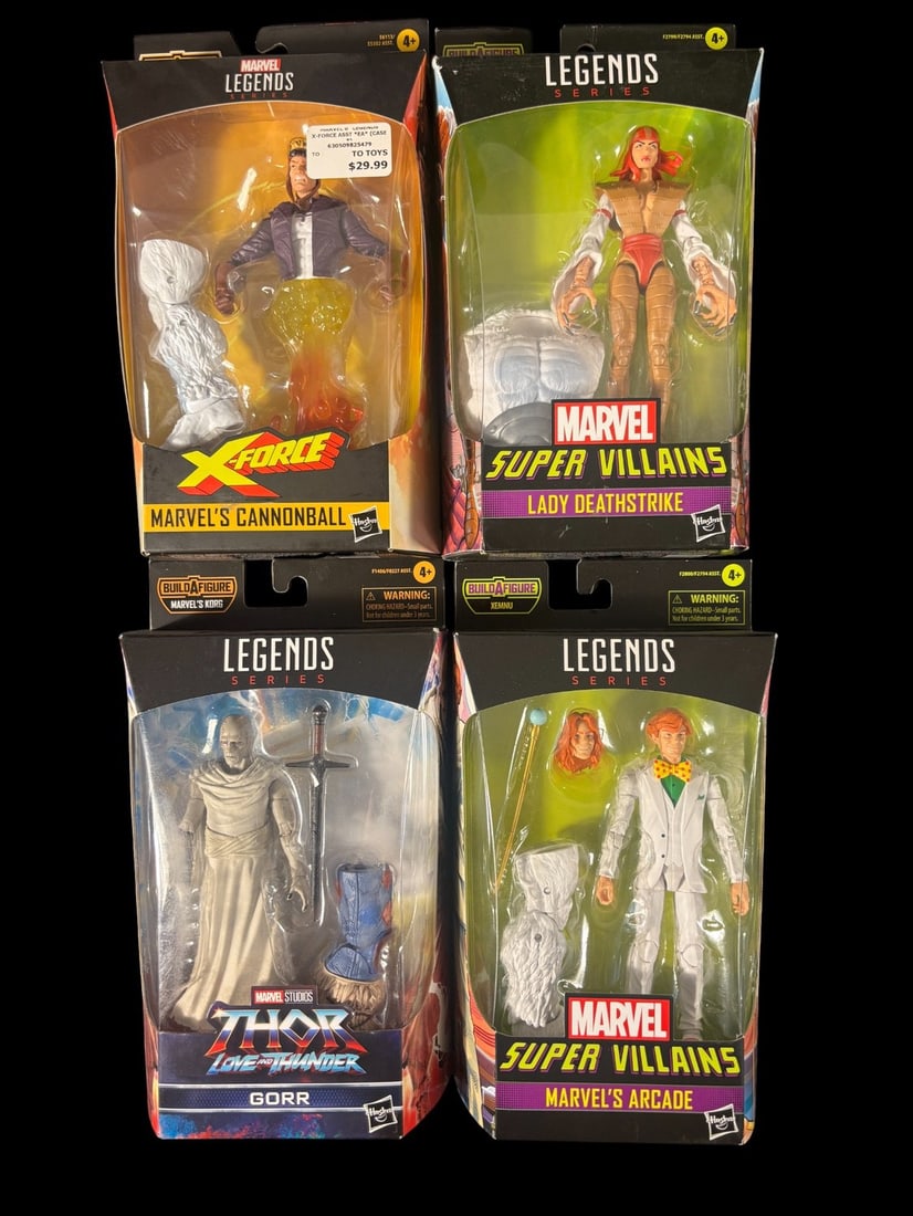 4 Hasbro Marvel Legends Series Action Figures, Gorr, Marvel-s Cannonball, Lady Deathstrike, and: A group of four Hasbro Marvel Legends Series plastic action figures, each sealed in its original cardboard and clear plastic blister card packaging. Comprising -Gorr- from the -Marvel Studios Thor Lov