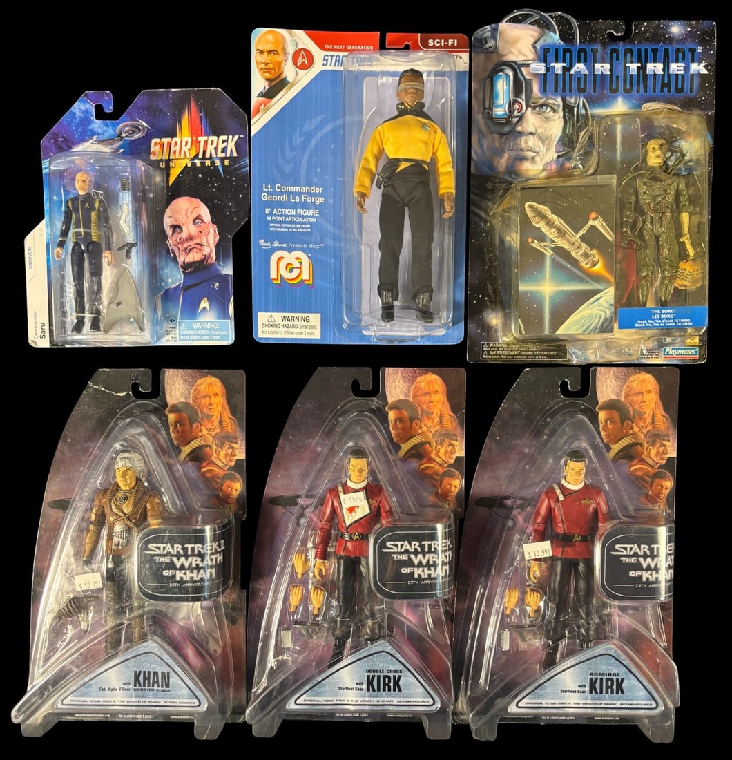 Star Trek Action Figures, Mego Star Trek the Next Generation Lt. Commander Geordi La Forge: A collection of six Star Trek action figures, each sealed in its original blister card packaging. The assortment includes a -Star Trek Universe Discovery Commander Saru- figure, an 8-inch -Star Trek T