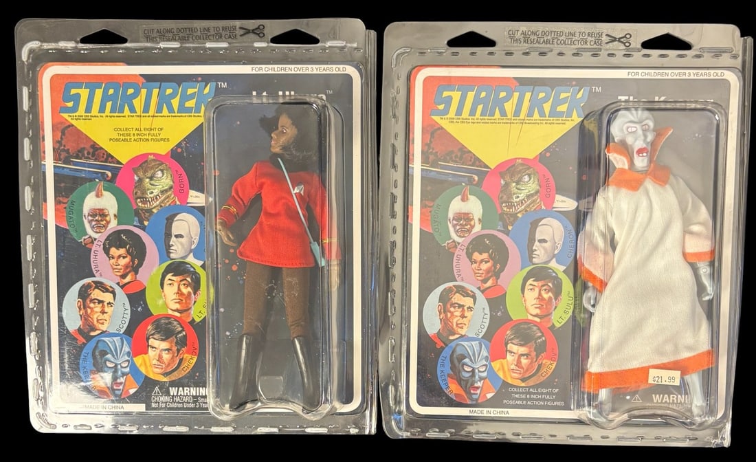 A Pair of 2008 Diamond Select Star Trek Retro Cloth 8-Action Figures, Lt. Uhura and the Keeper: A pair of 2008 Diamond Select Star Trek Retro Cloth 8- Action Figures, featuring Lt. Uhura in a red uniform and The Keeper in a white and orange robe. Both figures are sealed in their original clear p