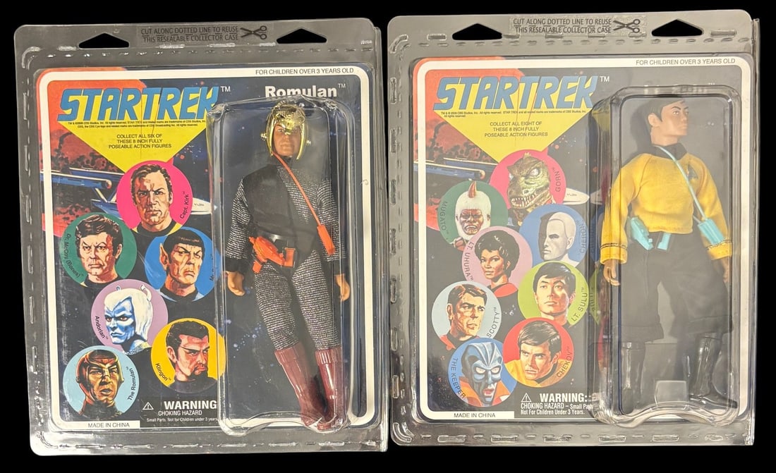 A Pair of 2008 Diamond Select Retro Cloth Star Trek 8-Action Figures, Romulan and Lieutenant Sulu: A pair of 2008 Diamond Select Retro Cloth Star Trek 8-inch action figures, crafted in the Mego-style. Each figure is sealed in its original card-backed blister packaging. The first figure depicts a Ro
