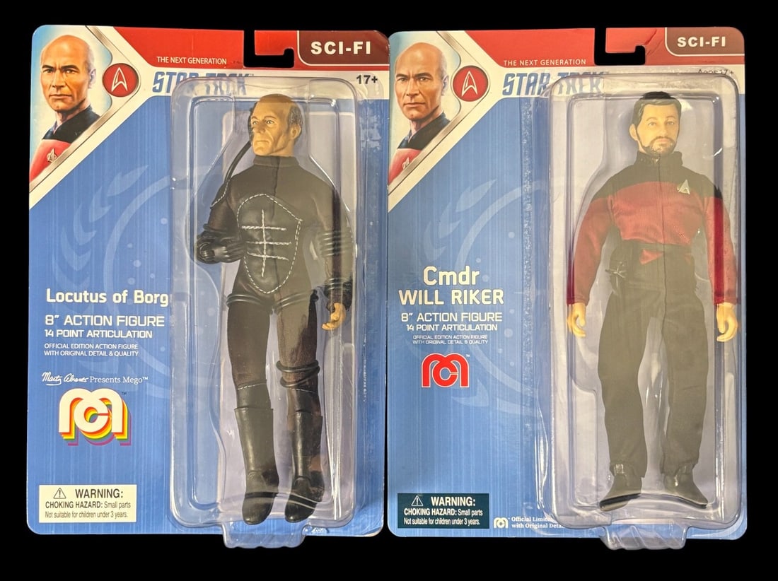 Mego Star Trek the Next Generation Locutus of Borg and Commander Will Riker 8-Action Figures,: A pair of Mego Star Trek The Next Generation 8- action figures, comprising Locutus of Borg and Commander Will Riker. Each figure is factory-sealed in its original carded blister packaging. Locutus of