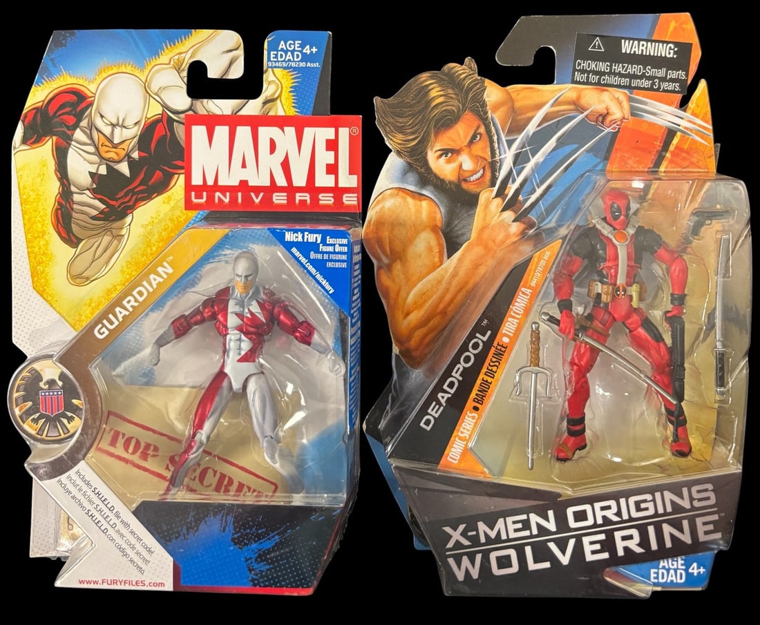 2 Marvel Action Figures: a 2009 Marvel Universe Guardian -031 and an X-men Origins Wolverine: This lot features two contemporary plastic action figures, each sealed within its original cardboard-backed blister packaging. The first is a 2009 Marvel Universe Guardian -031 Series 1 Action Figure,