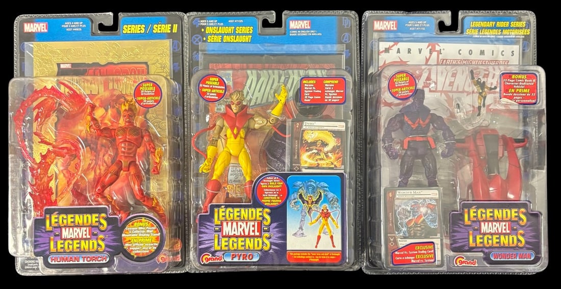 3 Marvel Legends Toybiz Human Torch-series Ii-, Pyro-onslaught Series-, and Wonder Man-legendary: A group of three sealed Marvel Legends action figures by ToyBiz, featuring Human Torch -Series II-, Pyro -Onslaught Series-, and Wonder Man -Legendary Rider Series-. Each figure is crafted from plasti