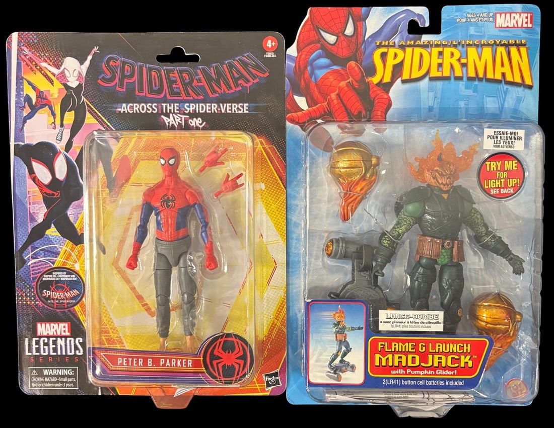 2 Marvel Comics Action Figures: a Marvel Legends Series Peter B. Parker Spider-man: Across the: A pair of new, sealed Marvel Comics-themed plastic action figures. The first, a Marvel Legends Series -Peter B. Parker- Spider-Man figure, is designed in the style of -Spider-Man: Across the Spider-Ve