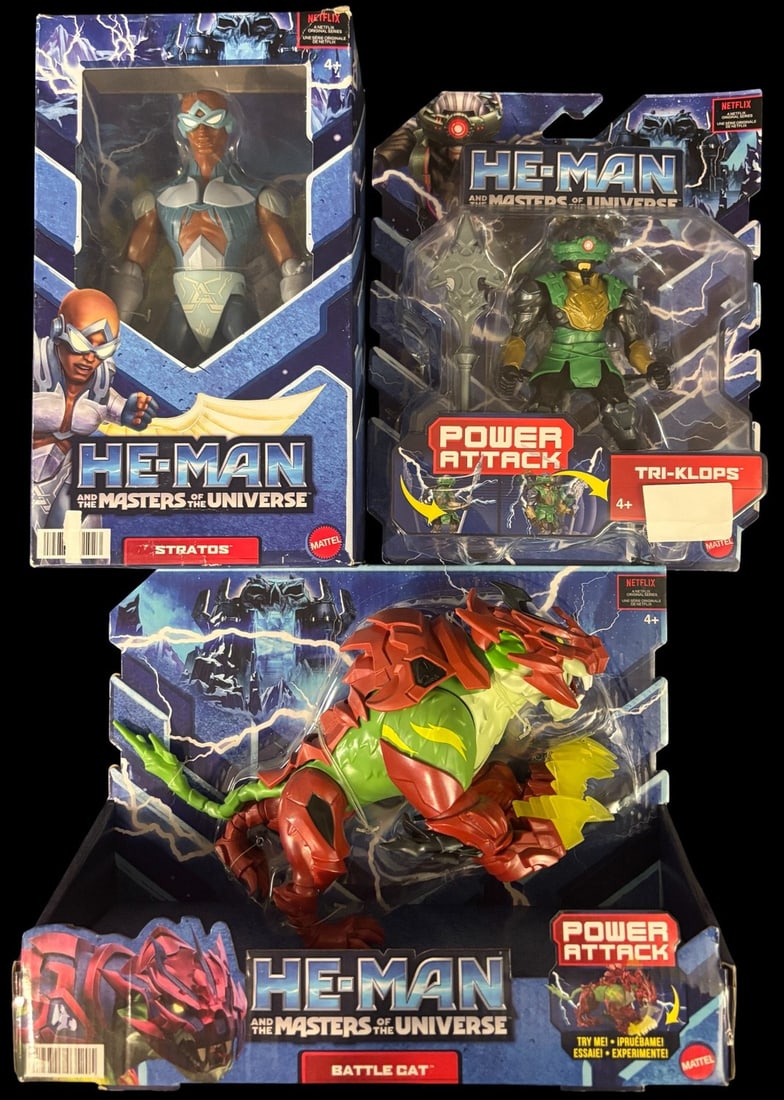 3 Mattel He-man and the Masters of the Universe Netflix Original Series Action Figures, Stratos,: Three Mattel -He-Man and The Masters of the Universe- Netflix Original Series action figures, comprising -STRATOS,- -TRI-KLOPS,- and -BATTLE CAT.- Each figure is sealed within its original cardboard a