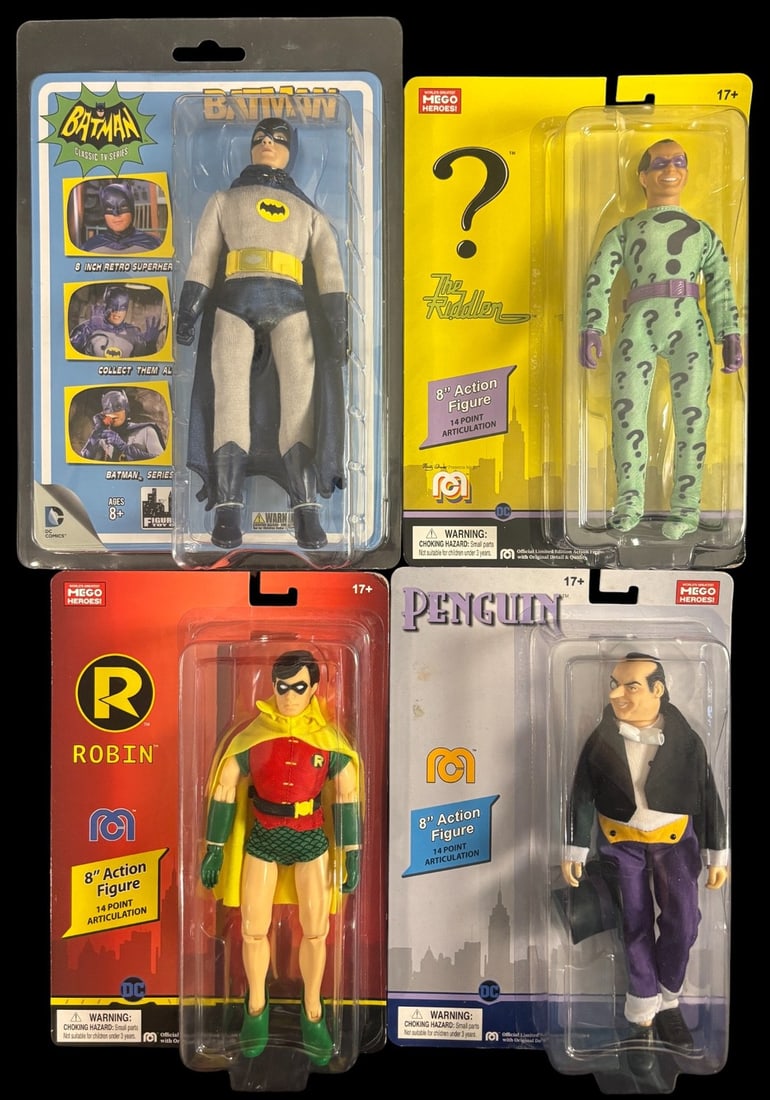 A 4 Mego Heroes 8-inch Dc Comics Action Figures: Batman, Robin, the Riddler, and Penguin (1 of 1)