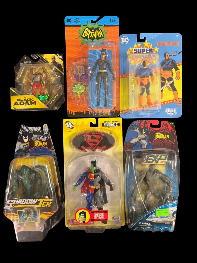 6 Dc Comics Action Figures, Dc Direct Superman/batman Series 5 Vengeance 2 Composite Superman: This lot features a DC Direct Superman/Batman Series 5 Vengeance 2 Composite Superman/Batman action figure, designed for ages 14+. Also included are five additional new-in-package plastic DC Comics ac