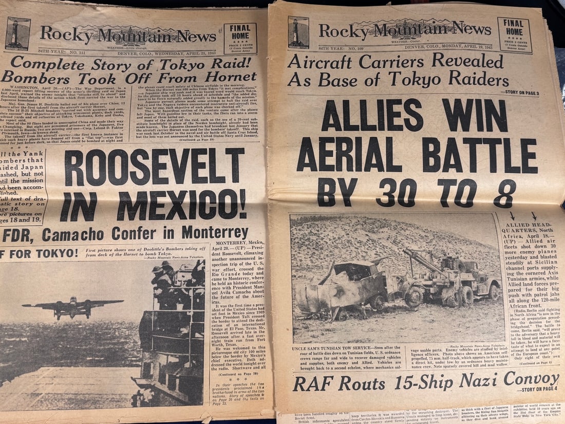 WWII Era Rocky Mountain News Newspapers Detailing Doolittle Raid and Allied Victories (1 of 1)