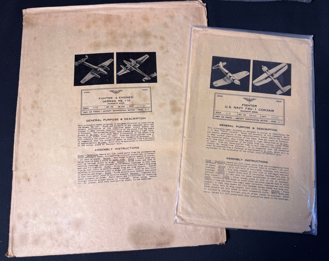 Two Vintage US Navy Aircraft Recognition Model Kits German Me 110 and F4U Corsair (1 of 1)