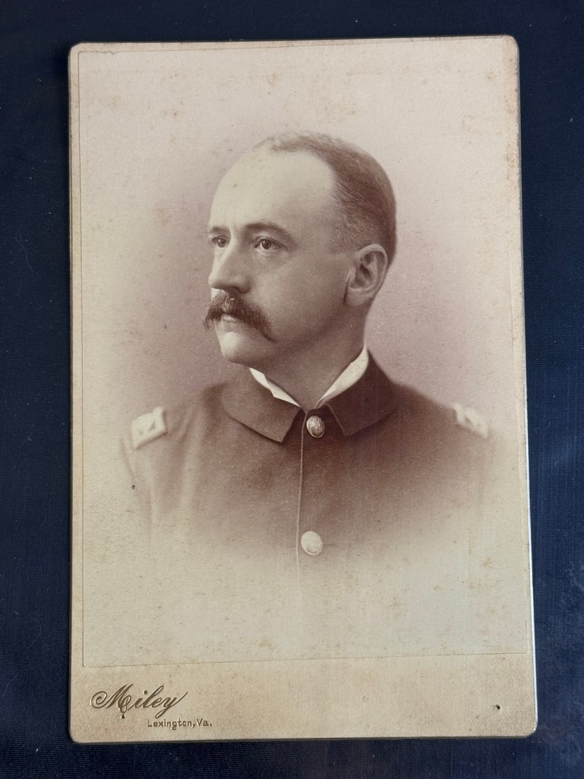 Distinguished 19th Century Military Officer Portrait from Lexington, Virginia: This is a well-preserved late 19th-century Cabinet Card photograph depicting a distinguished American military officer in a bust-length, profile pose. The subject is clearly wearing a U.S. Army unifor
