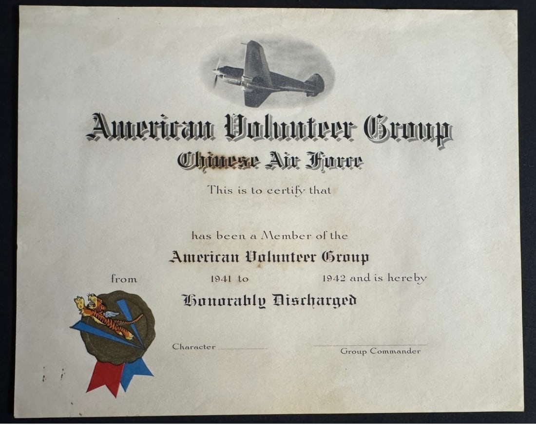 Extremely Rare Original Unused American Volunteer Group Flying Tigers Discharge Certificate (1 of 3)