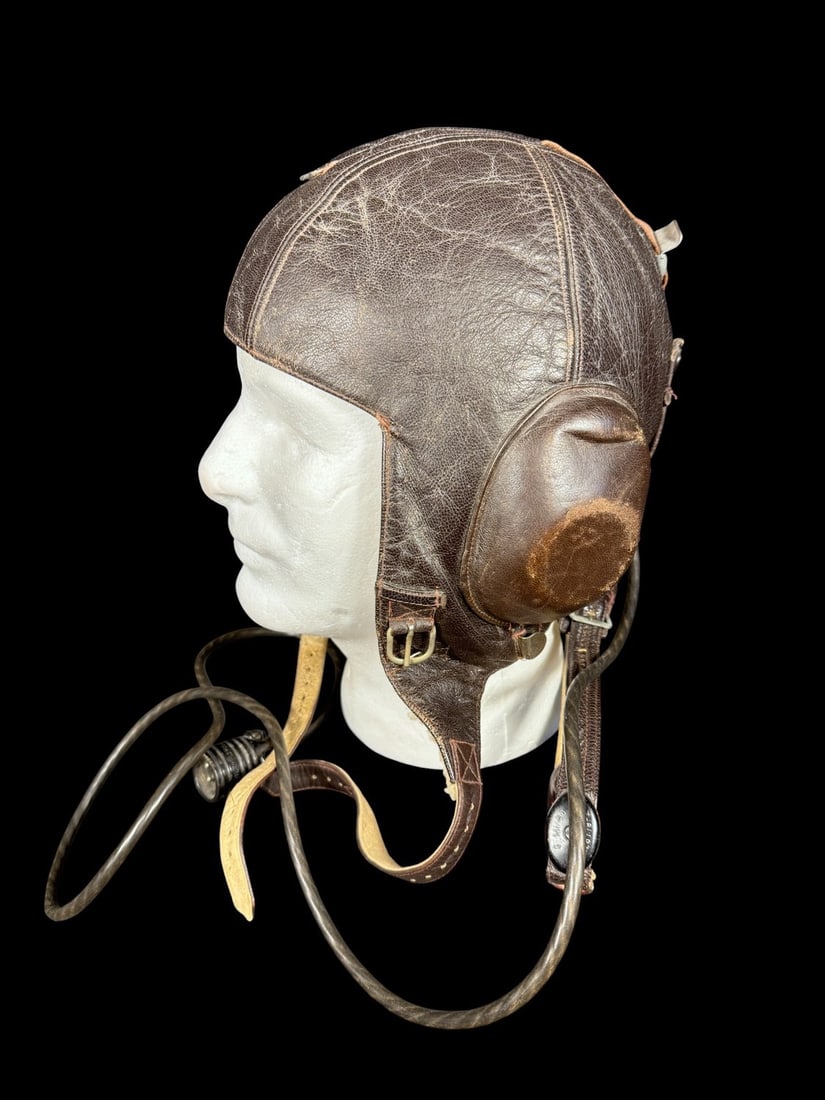 WWII Luftwaffe Winter Flying Helmet; LKp W101 Mi 4 throat mics: Leather earphone housings; Communications chord cut at very end