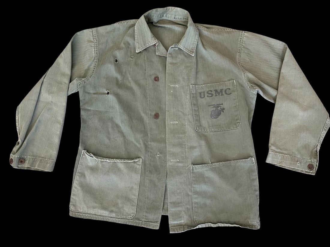 WWII USMC P41 Utility Jacket, Combat Used: United States Marine Corps USMC Utility Jacket, identified as the iconic P-41 Pattern 1941 design, crafted from durable Olive Drab Herringbone Twill HBT fabric. This jacket is the definitive utility u
