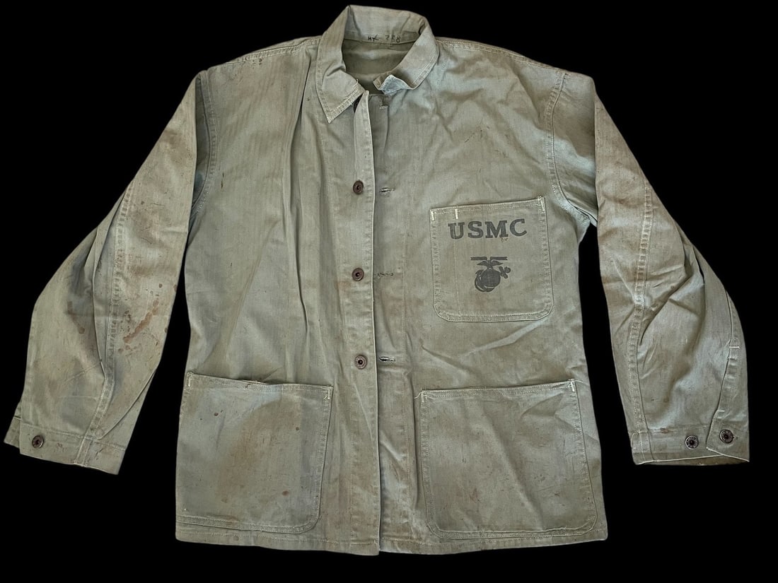 WWII USMC P41 Utility Jacket, Blood Stained: This is an original and authentic United States Marine Corps USMC P-41 Pattern 1941 Utility Jacket, crafted from durable Herringbone Twill HBT fabric. This jacket is the definitive utility uniform wor