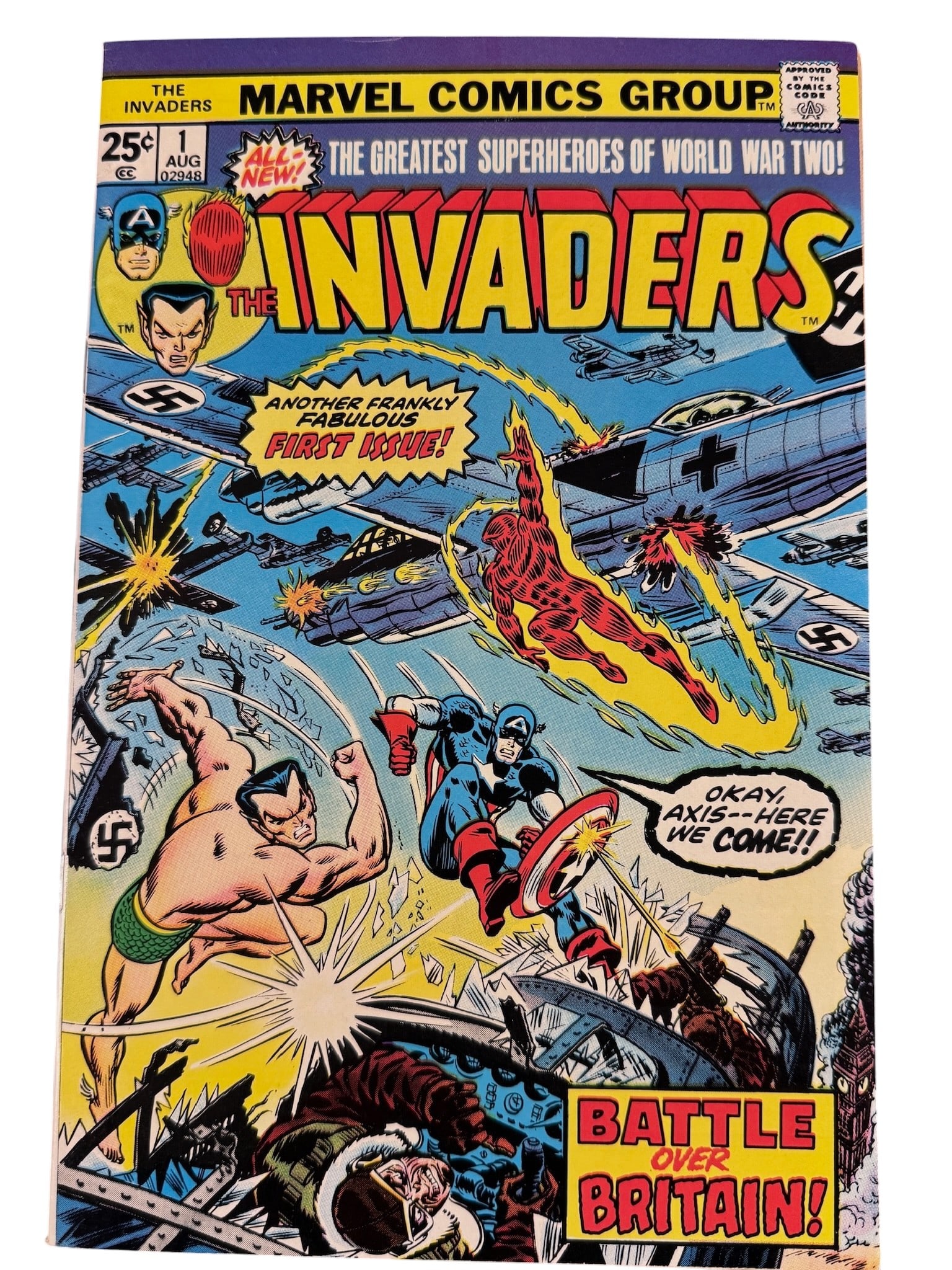 Marvel Comics The Invaders 1 August 1975: This is the first issue of the Marvel Comics series The Invaders, published in August 1975. The cover art depicts Captain America, the Human Torch, and Namor the Sub-Mariner engaged in a Battle Over