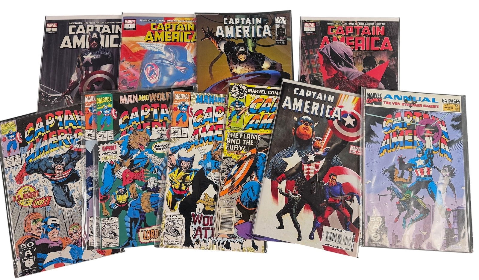 Captain America Marvel Comic Books Bronze to Modern Age: A collection of Marvel comic books featuring Captain America, spanning the Bronze Age through the Modern Age. The group includes Bronze Age issue 232 1979 and several Copper Age issues from the early