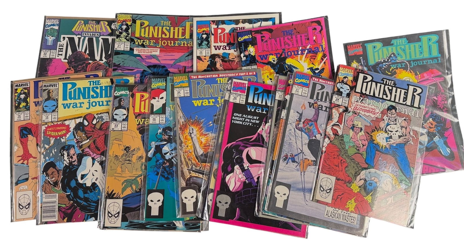 Marvel Comics The Punisher War Journal and The Punisher Issues: A collection of Marvel comic books featuring The Punisher, primarily from The Punisher War Journal series 1988 and The Punisher series 1987. The group includes The Punisher War Journal issues 14, 15,