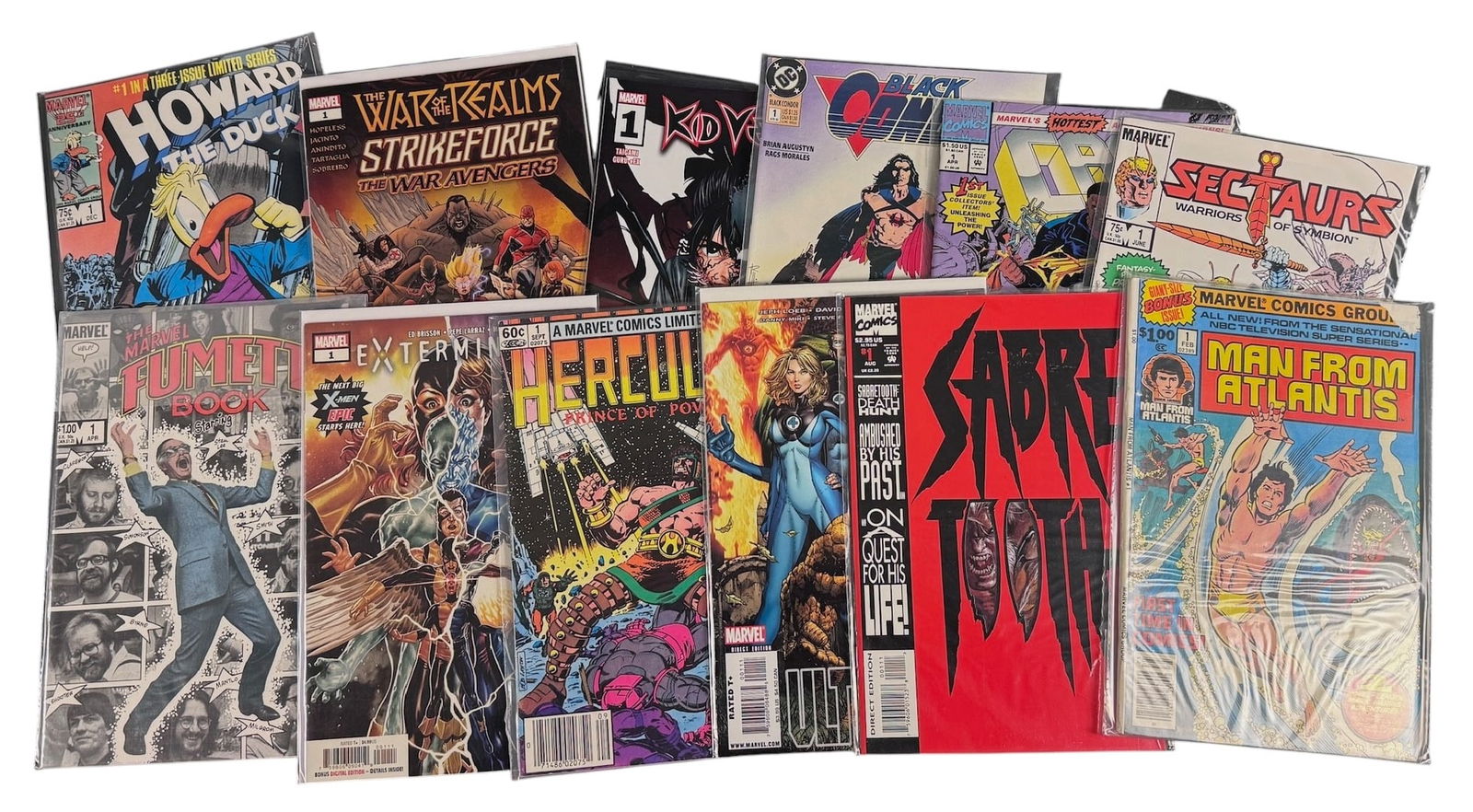 Marvel and DC Comic Books Including Howard the Duck 1 and Other Titles: A collection of various comic books primarily from Marvel and DC Comics, featuring a selection of Bronze Age and modern publications. The group includes several premiere issues such as Howard the
