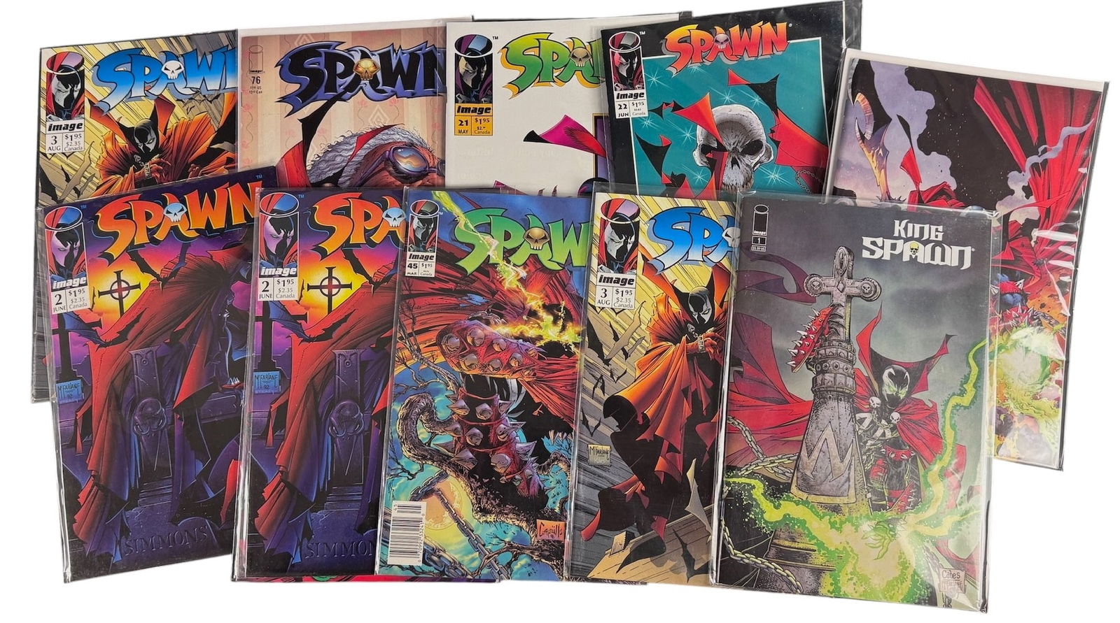 Spawn Image Comics by Todd McFarlane and Greg Capullo: A collection of modern era comic books featuring the character Spawn, published by Image Comics. This group includes various issues from the flagship Spawn series, featuring issues such as 2, 3, 21,