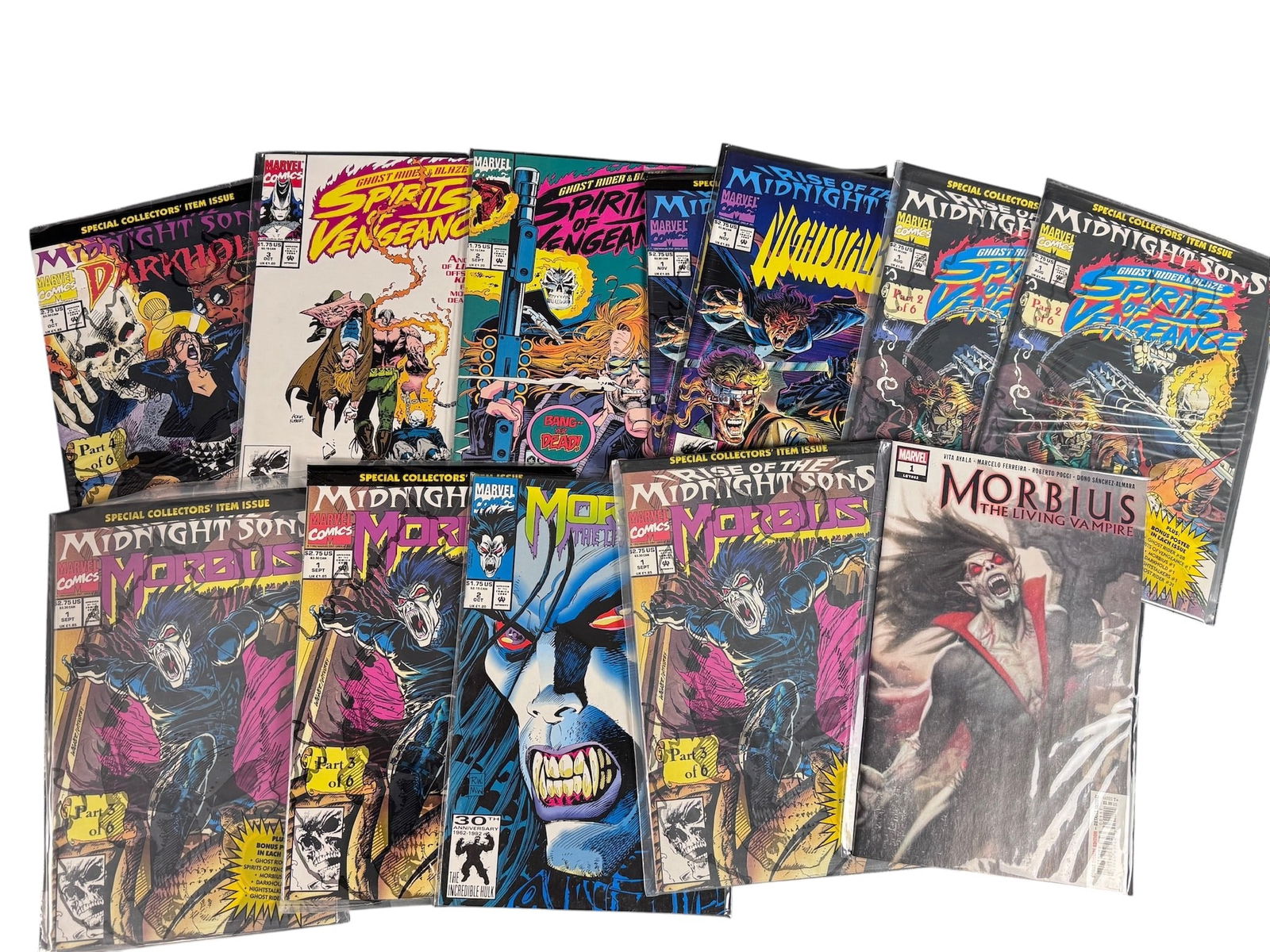 Marvel Comics Rise of the Midnight Sons Crossover Issues including Morbius The Living Vampire: A collection of Marvel Comics comic books primarily from the 1992 Rise of the Midnight Sons crossover event. The group includes multiple issues of Morbius: The Living Vampire, Spirits of Vengeance,