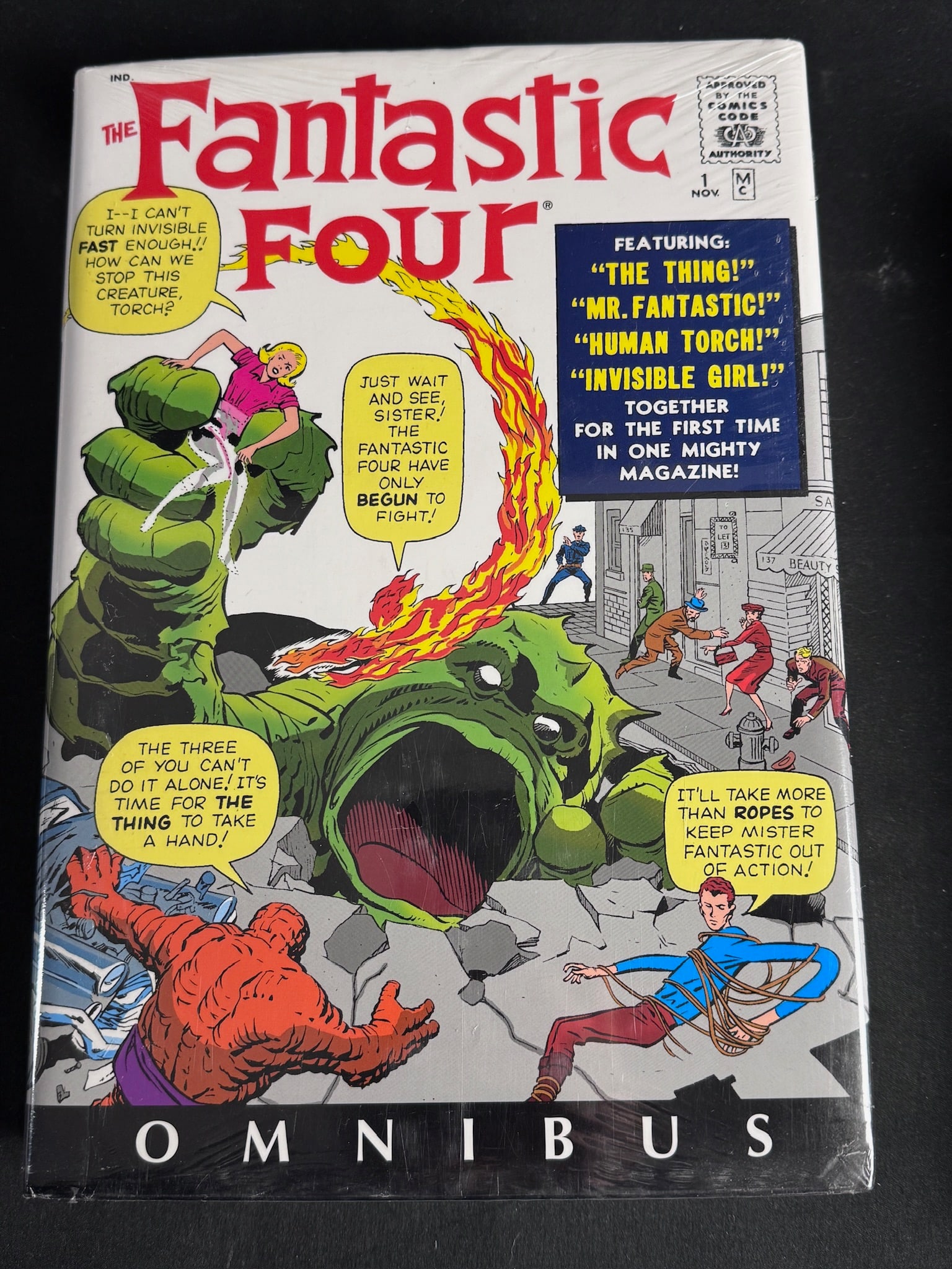 Marvel Fantastic Four Omnibus Vol. 1 Hardcover 1st Printing: Marvel Fantastic Four Omnibus Vol. 1 hardcover graphic novel. The dust jacket features the cover art from Fantastic Four number 1 from 1961, depicting the original team members Mr. Fantastic, The