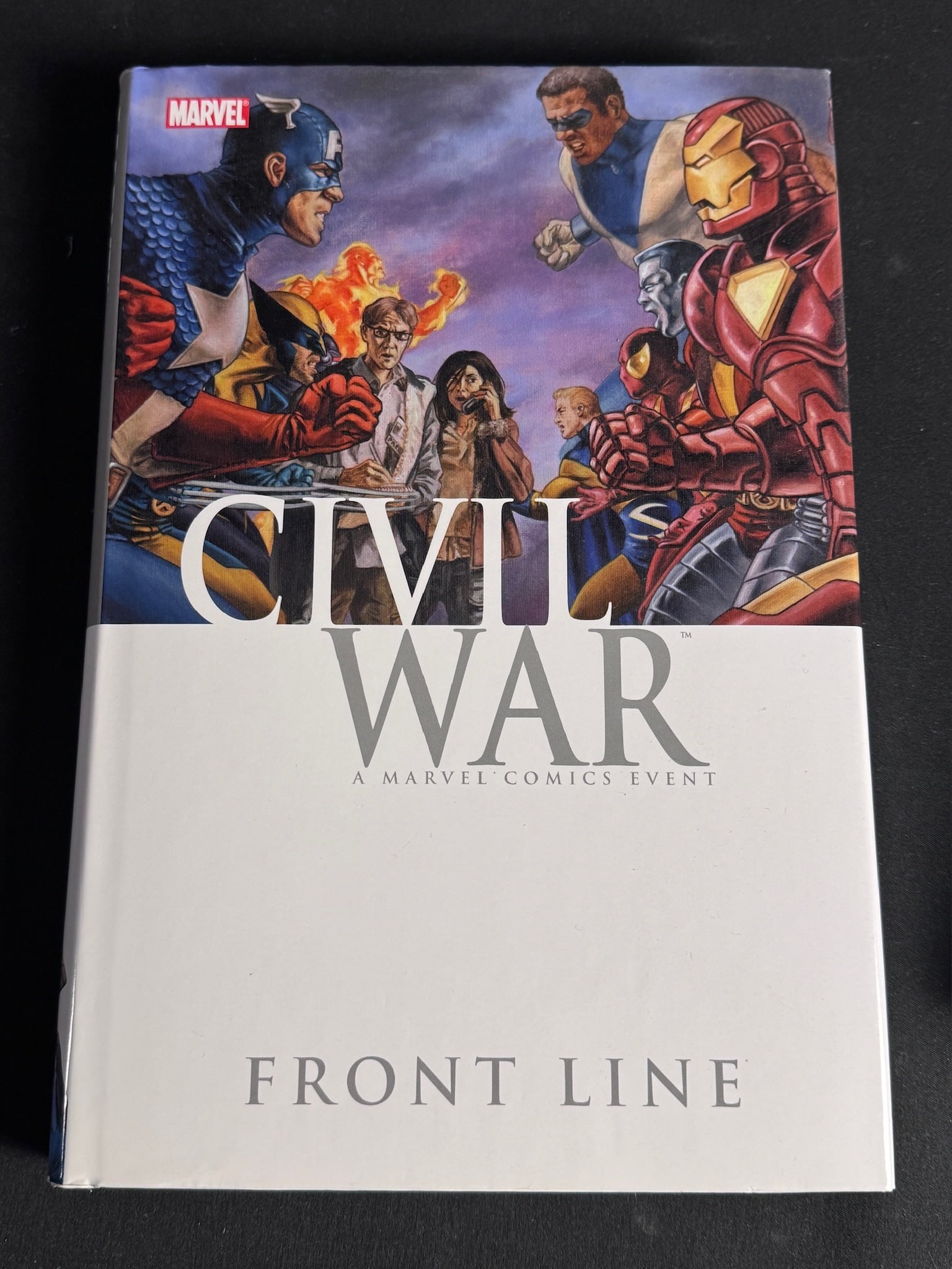 Civil War: Front Line Hardcover Graphic Novel by Paul Jenkins 1st Printing: Marvel Comics Civil War: Front Line hardcover graphic novel, first printing 2010. This volume collects Civil War: Front Line issues 1 through 11, as well as Choosing Sides and The Return. The book