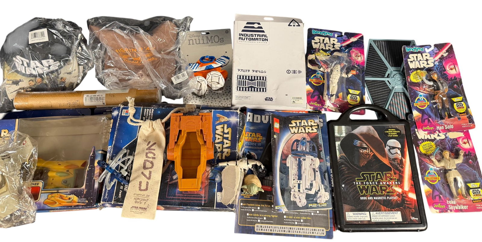 JusToys Hasbroand Disney Star Wars Action Figure and Vehicle Collection: This collection features Star Wars toys and memorabilia from JusToys, Hasbro, Disney, and LEGO, dating from the mid-1990s to the modern era. The lot includes JusToys Bend-ems poseable figures of a Sto