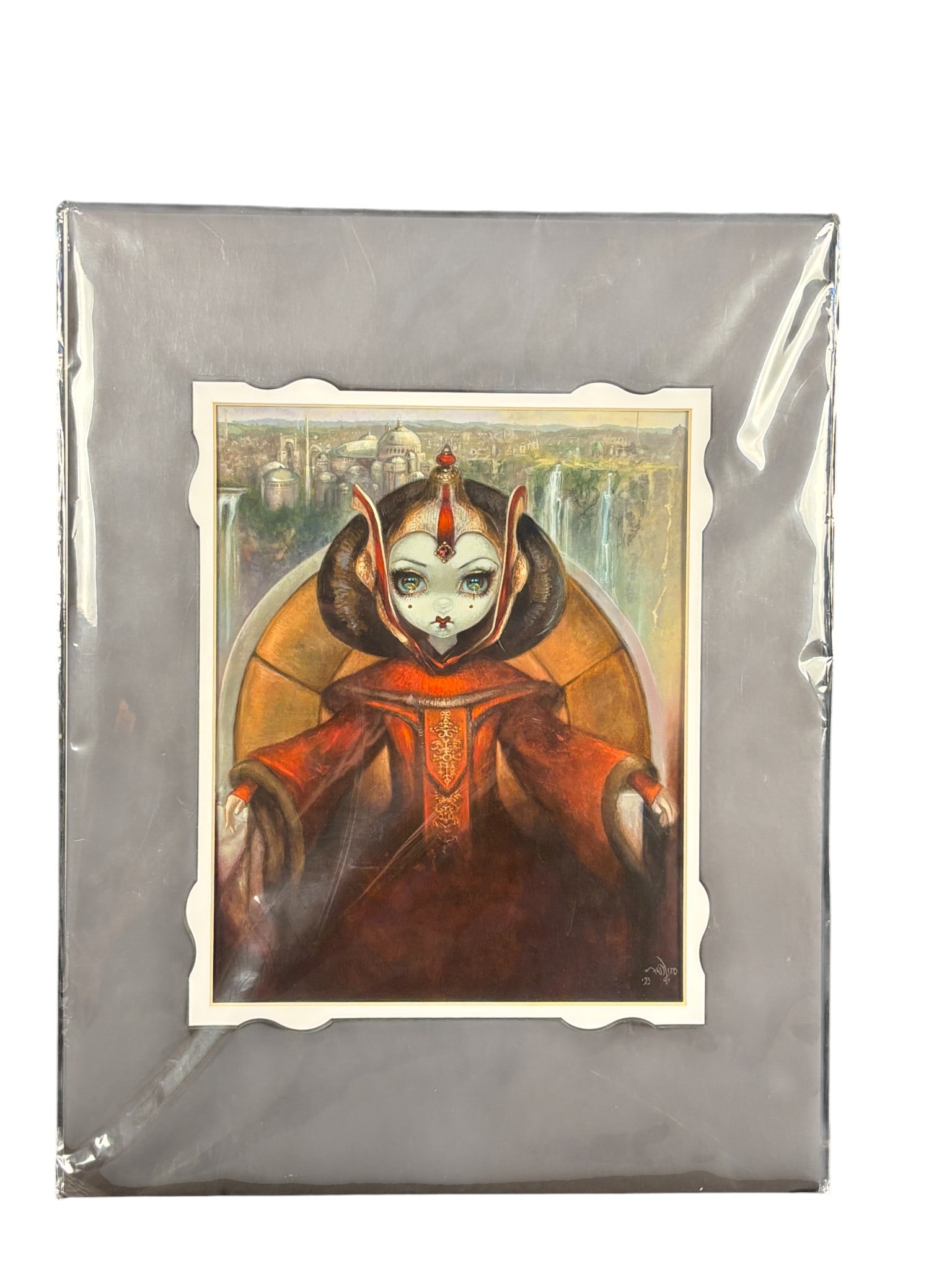 Disney WonderGround Jasmine Becket-Griffith Padme Amidala Enthroned Matted Print: A matted art print titled Padme Amidala Enthroned by artist Jasmine Becket-Griffith. This officially licensed Lucasfilm Ltd. and Disney work depicts the Star Wars character in royal regalia, set again