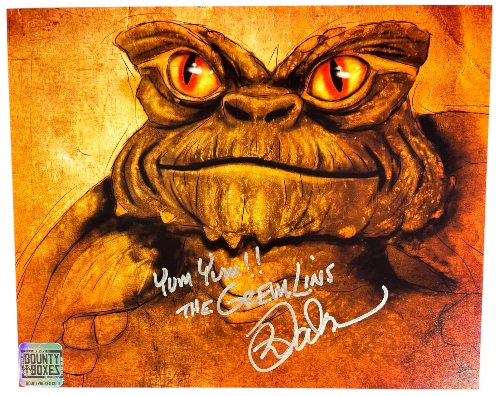 Mark Dodson Signed Gremlins 8x10 Art Print Inscribed Yum Yum Bounty Boxes Authenticated: This lot features a stylized 8x10 art print depicting a Gremlin character from the iconic film franchise, hand-signed in silver paint pen by the late voice actor Mark Dodson. Dodson, renowned for prov