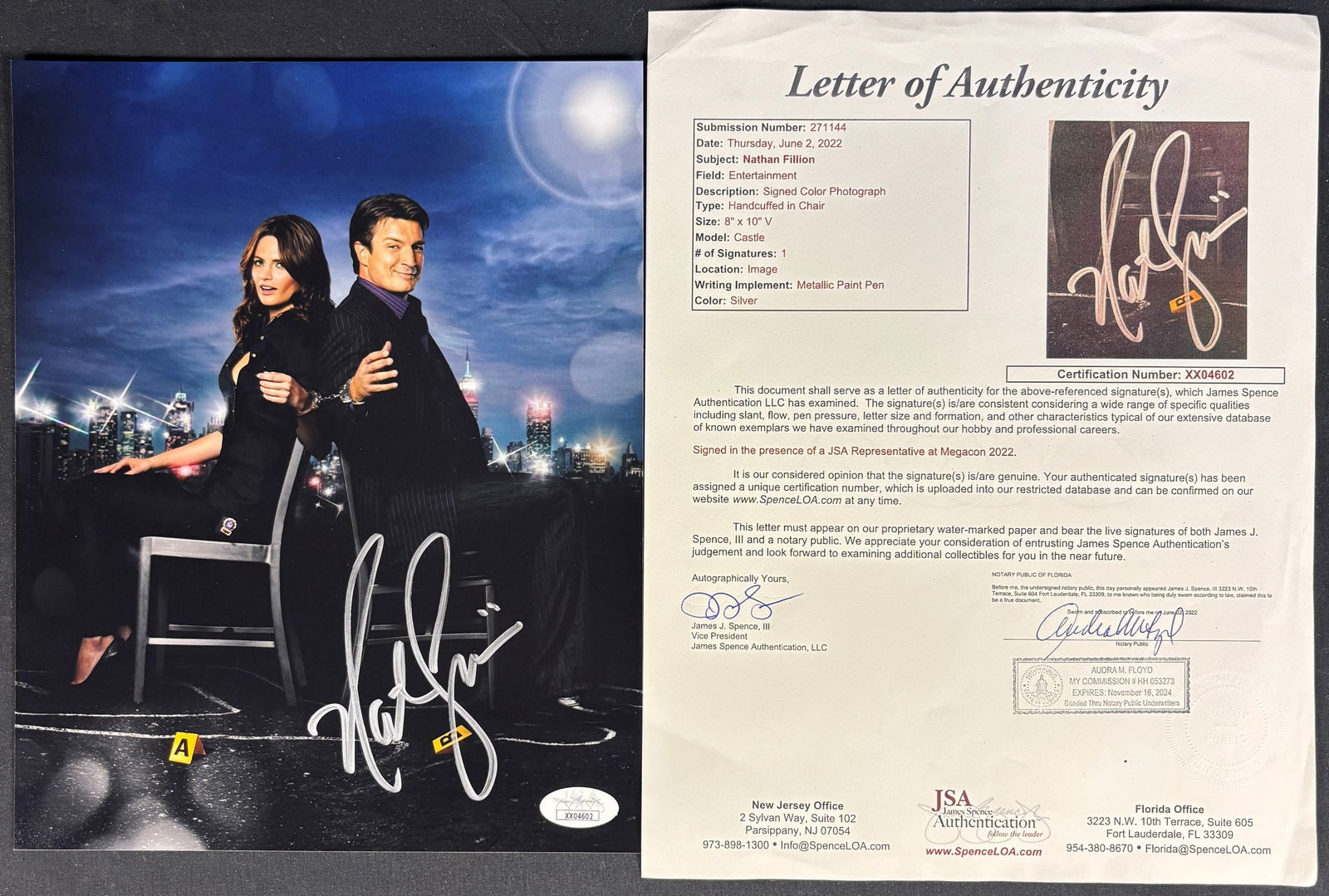 Nathan Fillion Signed Castle Television Series Promotional Photograph with JSA Letter of (1 of 1)