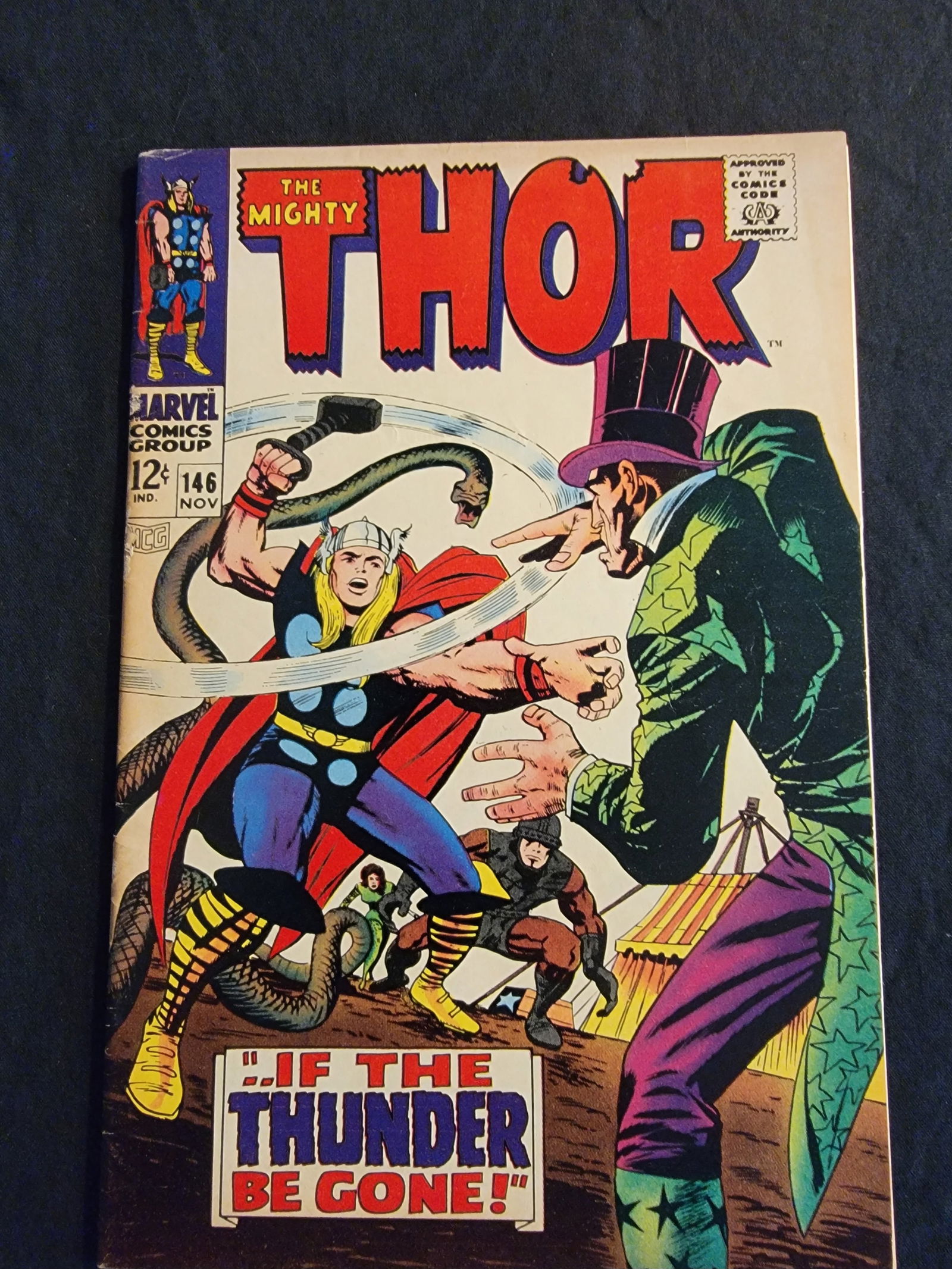 Marvel Comics The Mighty Thor 146 1967 Silver Age Raw Mid-Grade: This lot features a well-preserved copy of The Mighty Thor 146, published by Marvel Comics Group with a cover date of November 1967. This Silver Age classic contains the lead story If The Thunder Be G