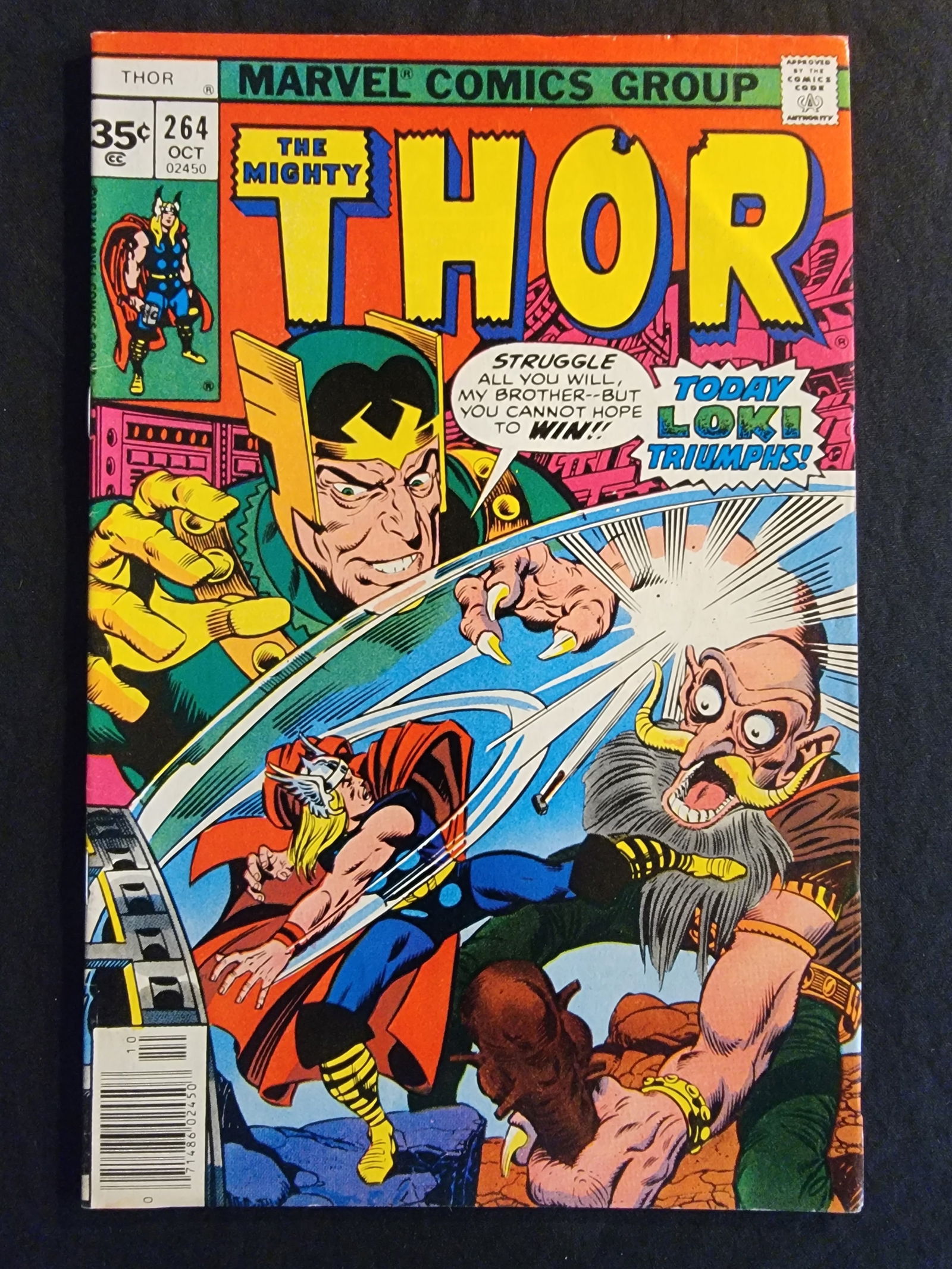 Marvel Comics The Mighty Thor 264 October 1977: This lot features a single issue of The Mighty Thor number 264, published by the Marvel Comics Group in October 1977. The front cover displays a 35 cent price and the Approved by the Comics Code Autho