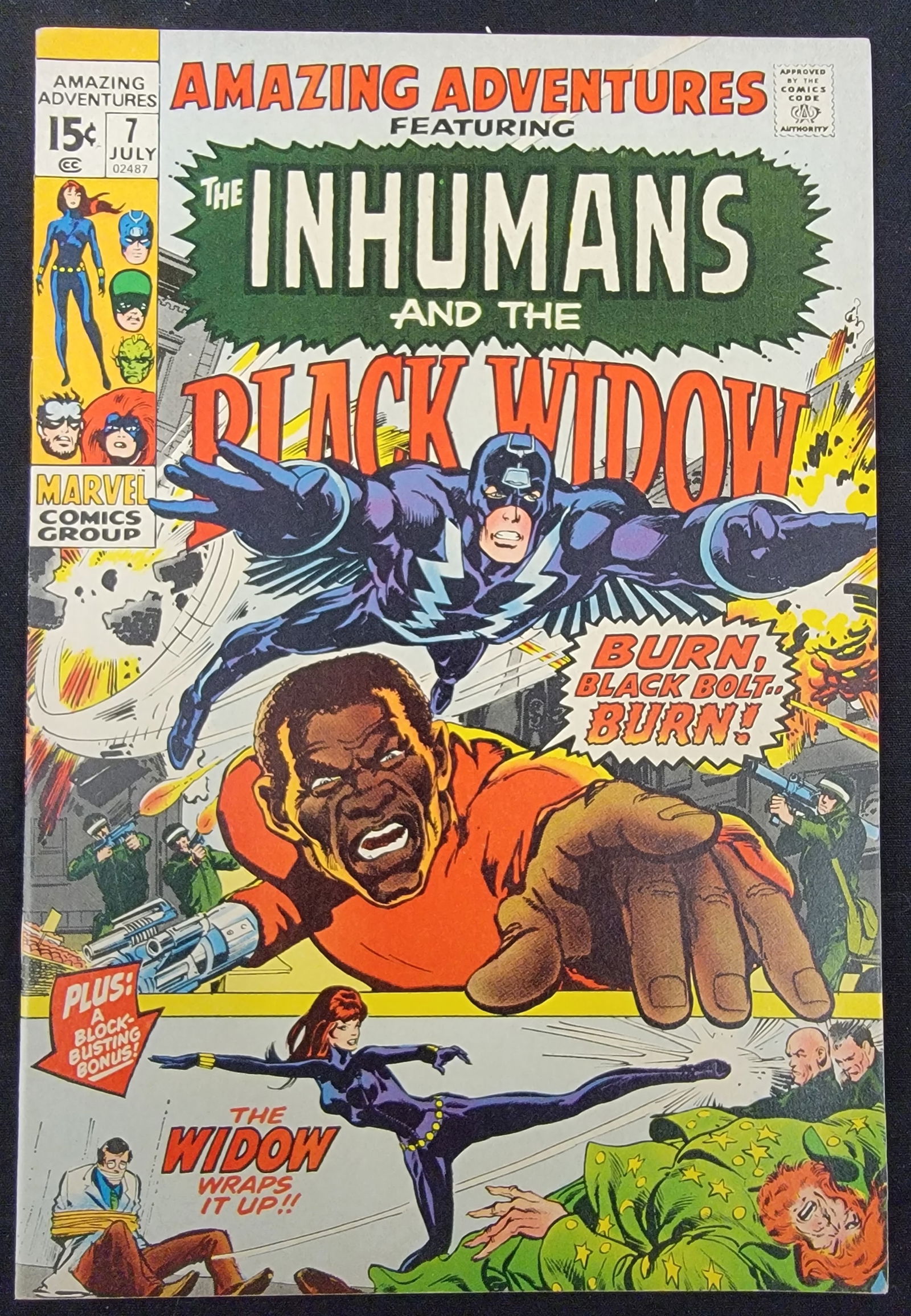 Amazing Adventures 7 Marvel Comics 1971: A single issue of Amazing Adventures number 7, published by Marvel Comics Group and dated July 1971. This 15-cent comic book features the Inhumans and the Black Widow. The cover art, attributed by mar