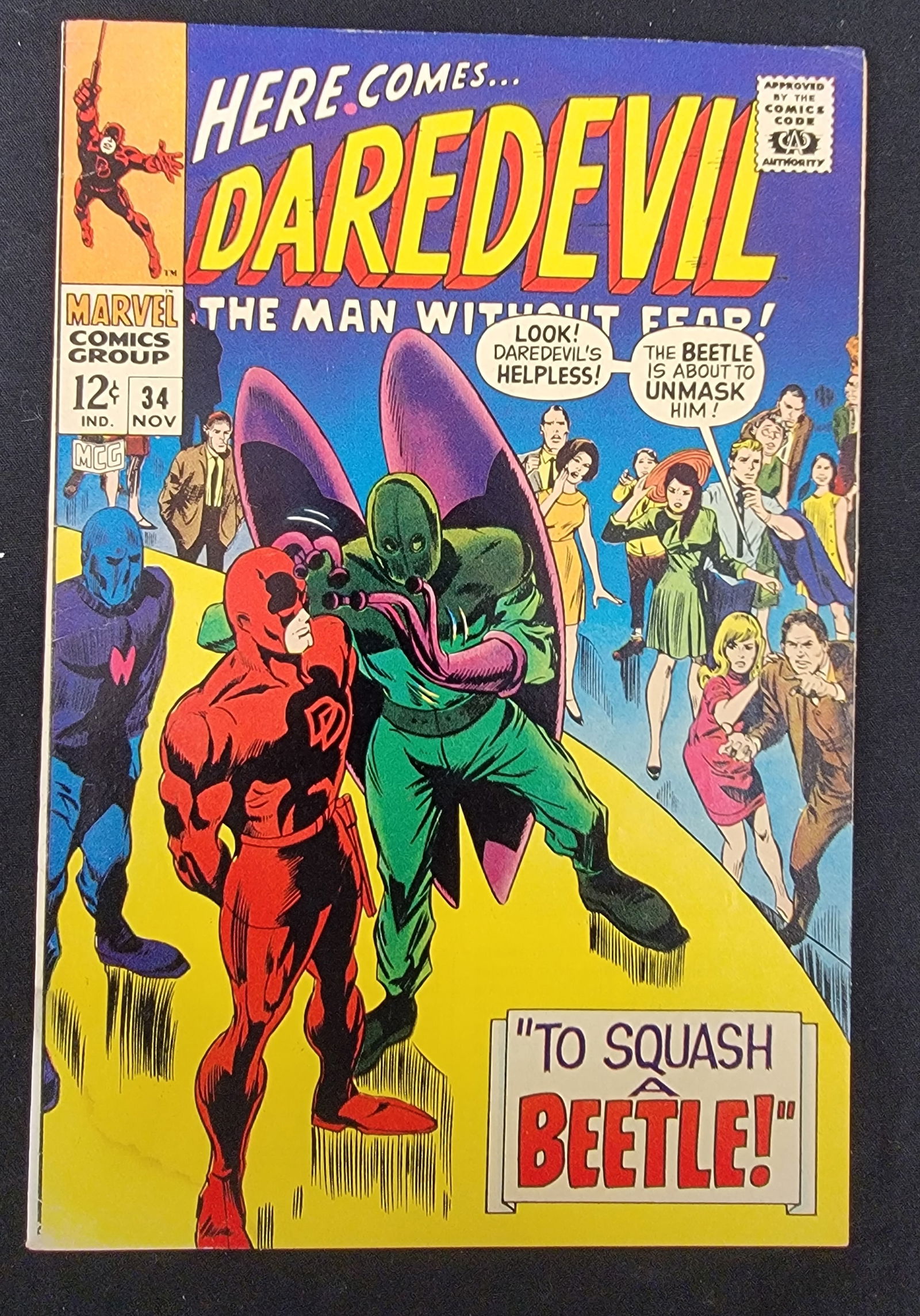 Daredevil 34 Marvel Comics November 1967: Daredevil 34, published by Marvel Comics Group in November 1967 during the Silver Age of comic books. The front cover, with a 12 cent cover price, features the story title To Squash a Beetle! and