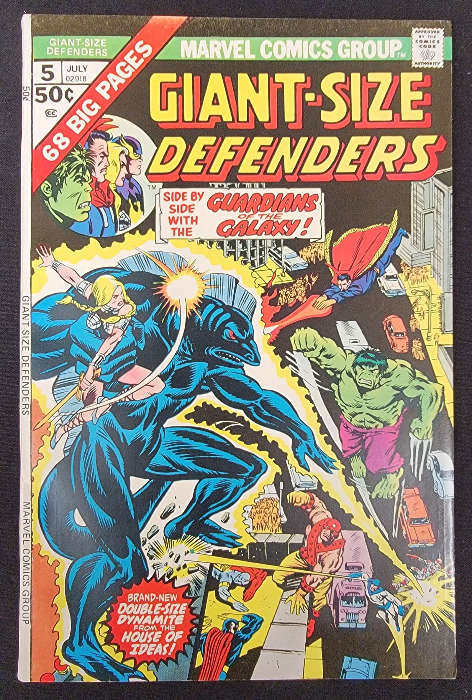 Giant-Size Defenders 5 Marvel Comics July 1975: This lot consists of a single copy of Giant-Size Defenders 5, published by the Marvel Comics Group in July 1975. This Bronze Age comic book is a 68-page issue with a 50-cent cover price. The