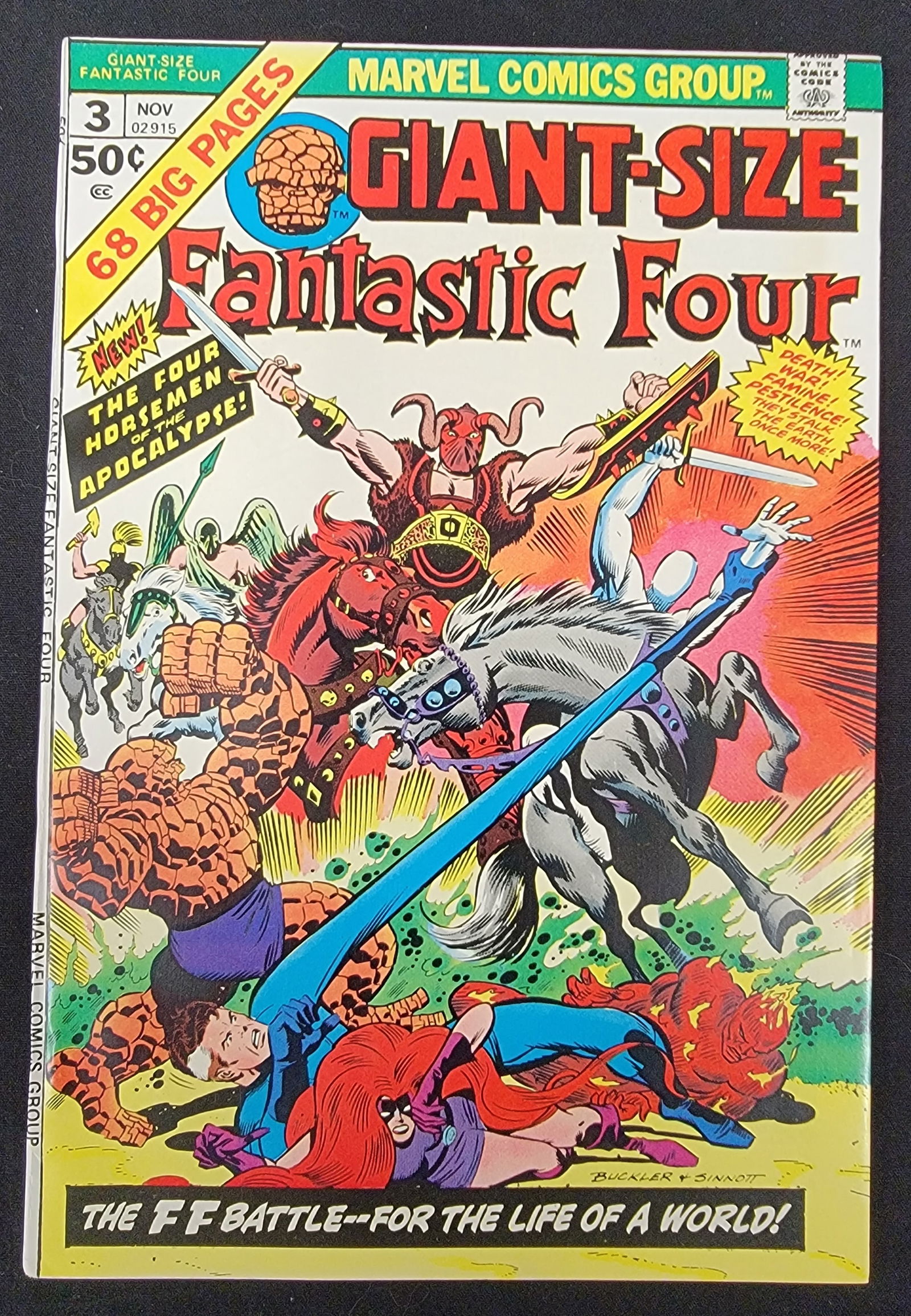Giant-Size Fantastic Four 3 Marvel November 1974: This Marvel Comics Group publication is an issue of Giant-Size Fantastic Four 3, dated November 1974. The staple-bound Bronze Age comic features cover art by Rich Buckler and Joe Sinnott, depicting