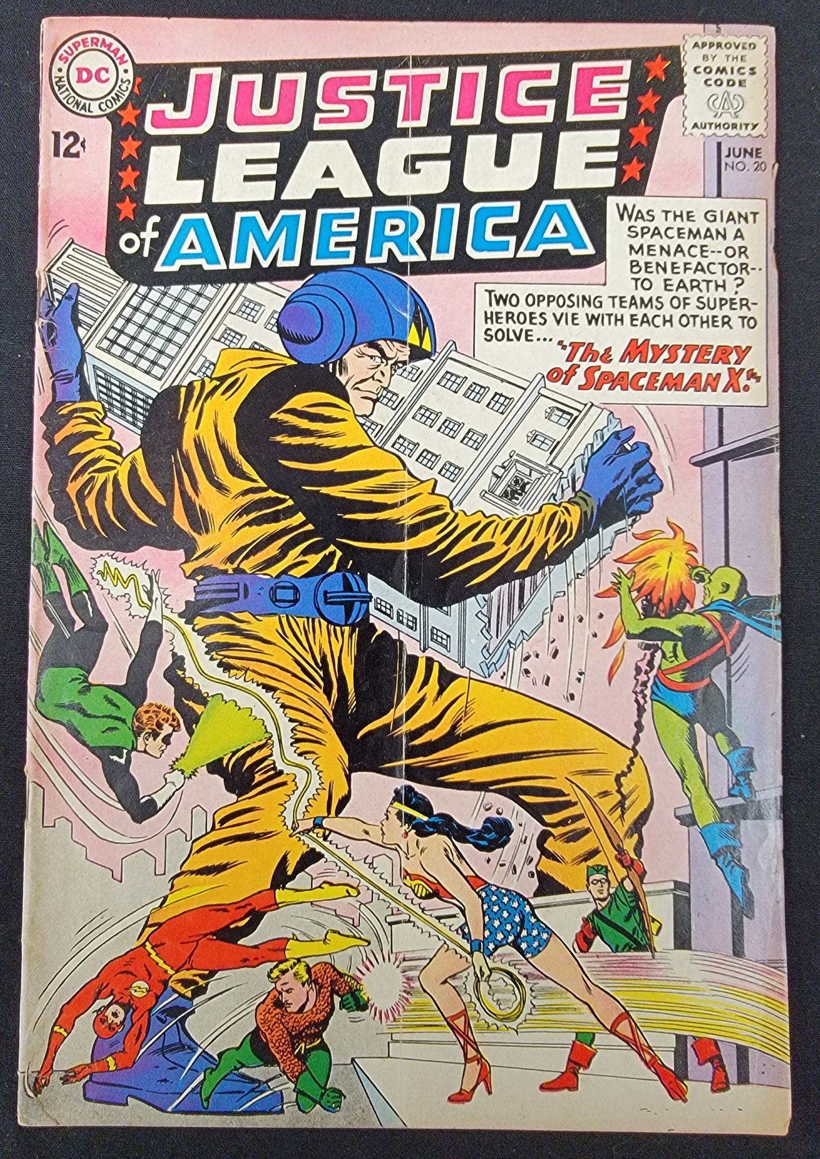 Justice League of America 20 DC Comics June 1963: Justice League of America 20, published by DC Comics in June 1963. This Silver Age comic book is a staple-bound paper publication featuring the first appearance of Spaceman X in the story titled The
